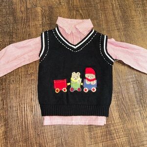 Vintage little boys Black Knit Vest with Red Striped Shirt